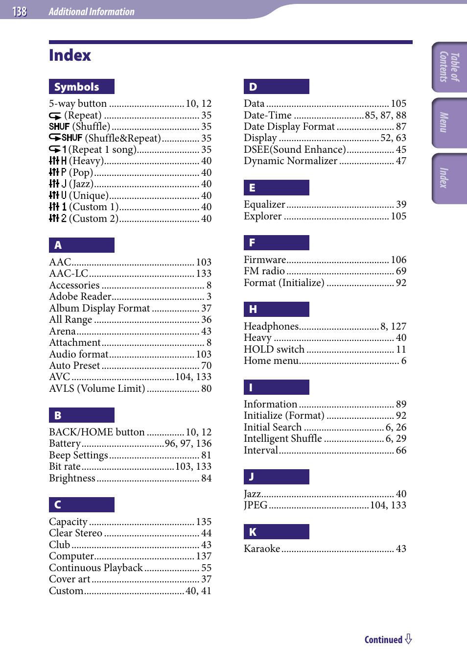 Index | Sony NWZ-S716FSNC User Manual | Page 138 / 140