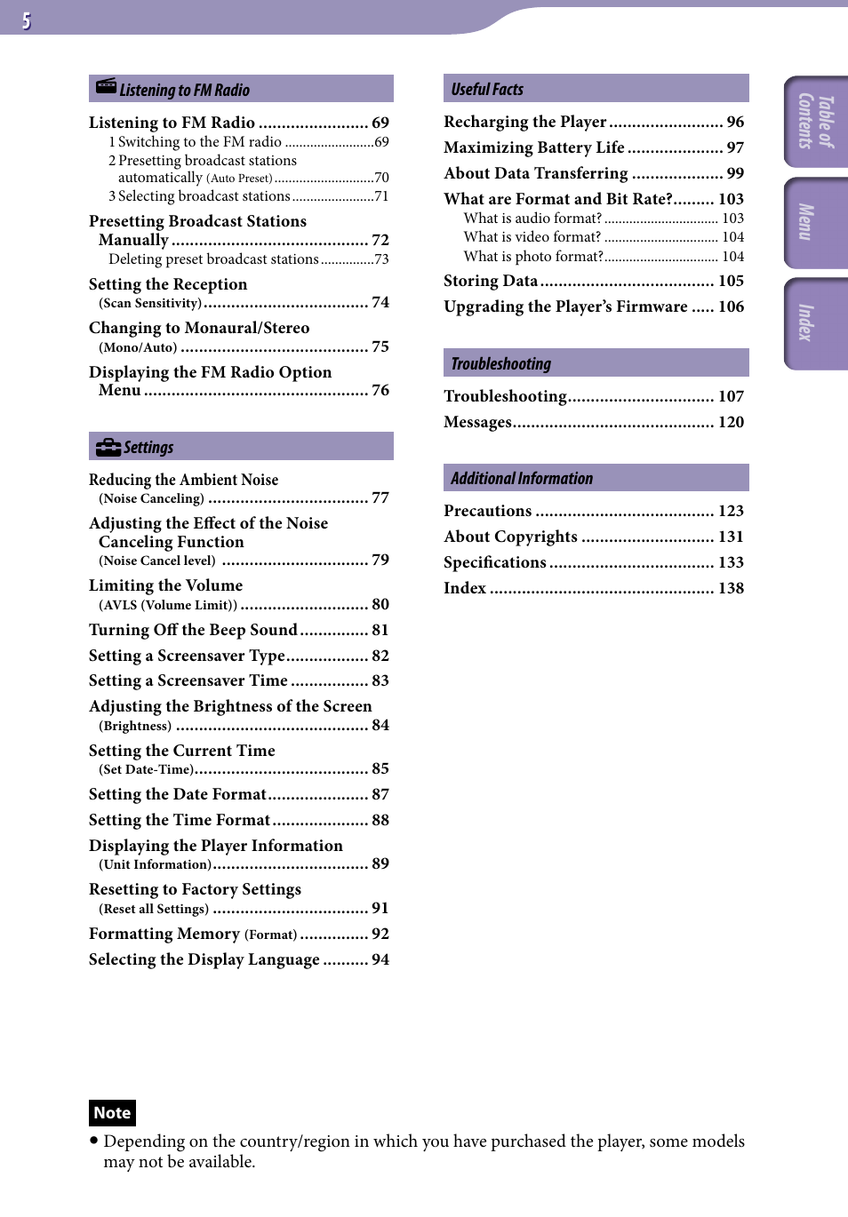 Table of cont ents menu inde x | Sony NWZ-S716FSNC User Manual | Page 5 / 140