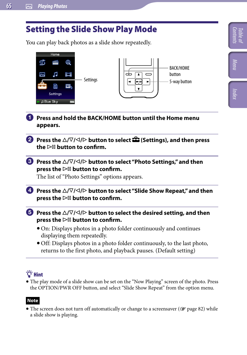 Setting the slide show play mode, Slide show repeat | Sony NWZ-S716FSNC User Manual | Page 65 / 140