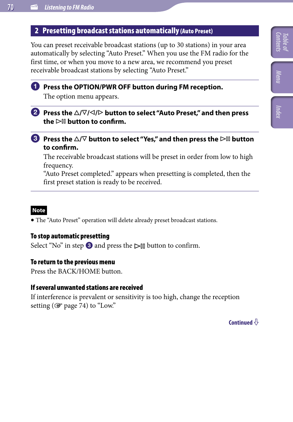 2 presetting broadcast stations, Automatically, Auto preset) | 2 presetting broadcast stations automatically | Sony NWZ-S716FSNC User Manual | Page 70 / 140