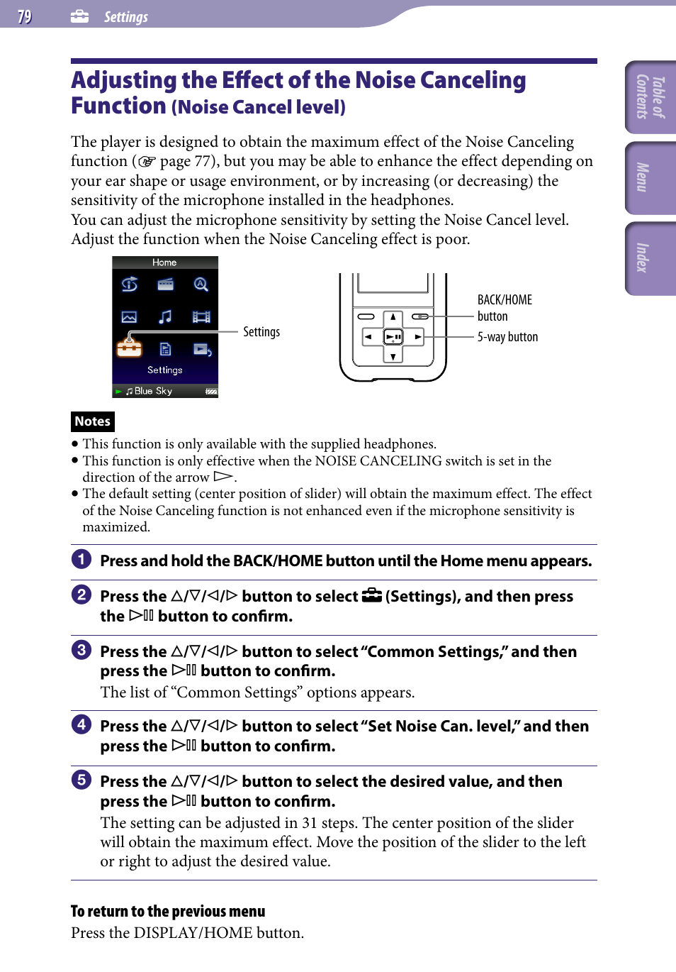 Adjusting the effect of the noise, Canceling function, Noise cancel level) | Set noise can. level | Sony NWZ-S716FSNC User Manual | Page 79 / 140
