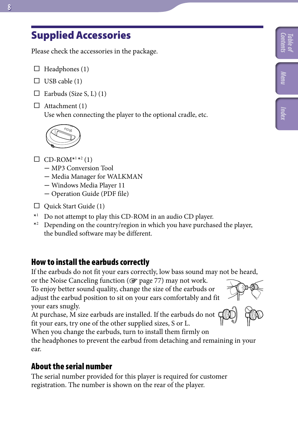 Supplied accessories, How to install the earbuds correctly, About the serial number | Sony NWZ-S716FSNC User Manual | Page 8 / 140