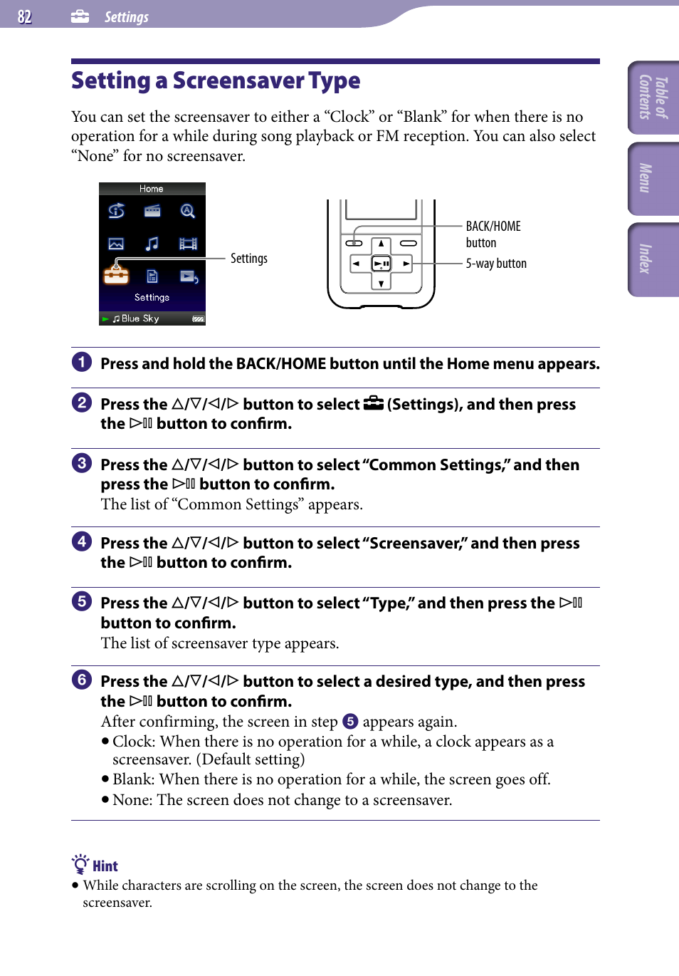 Setting a screensaver type, Screensaver | Sony NWZ-S716FSNC User Manual | Page 82 / 140