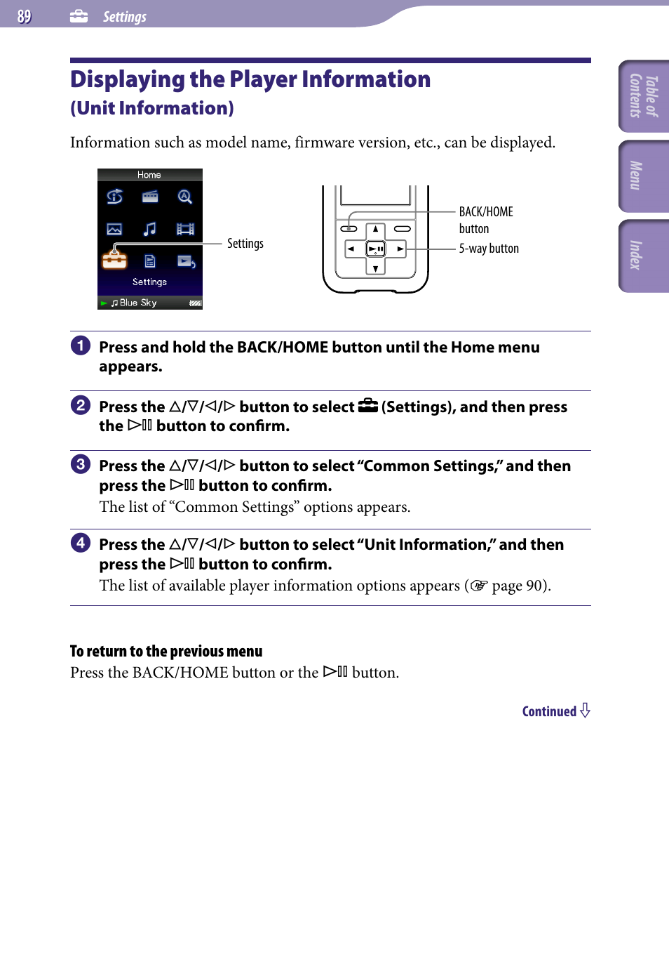 Displaying the player information, Unit information), Unit information | Sony NWZ-S716FSNC User Manual | Page 89 / 140