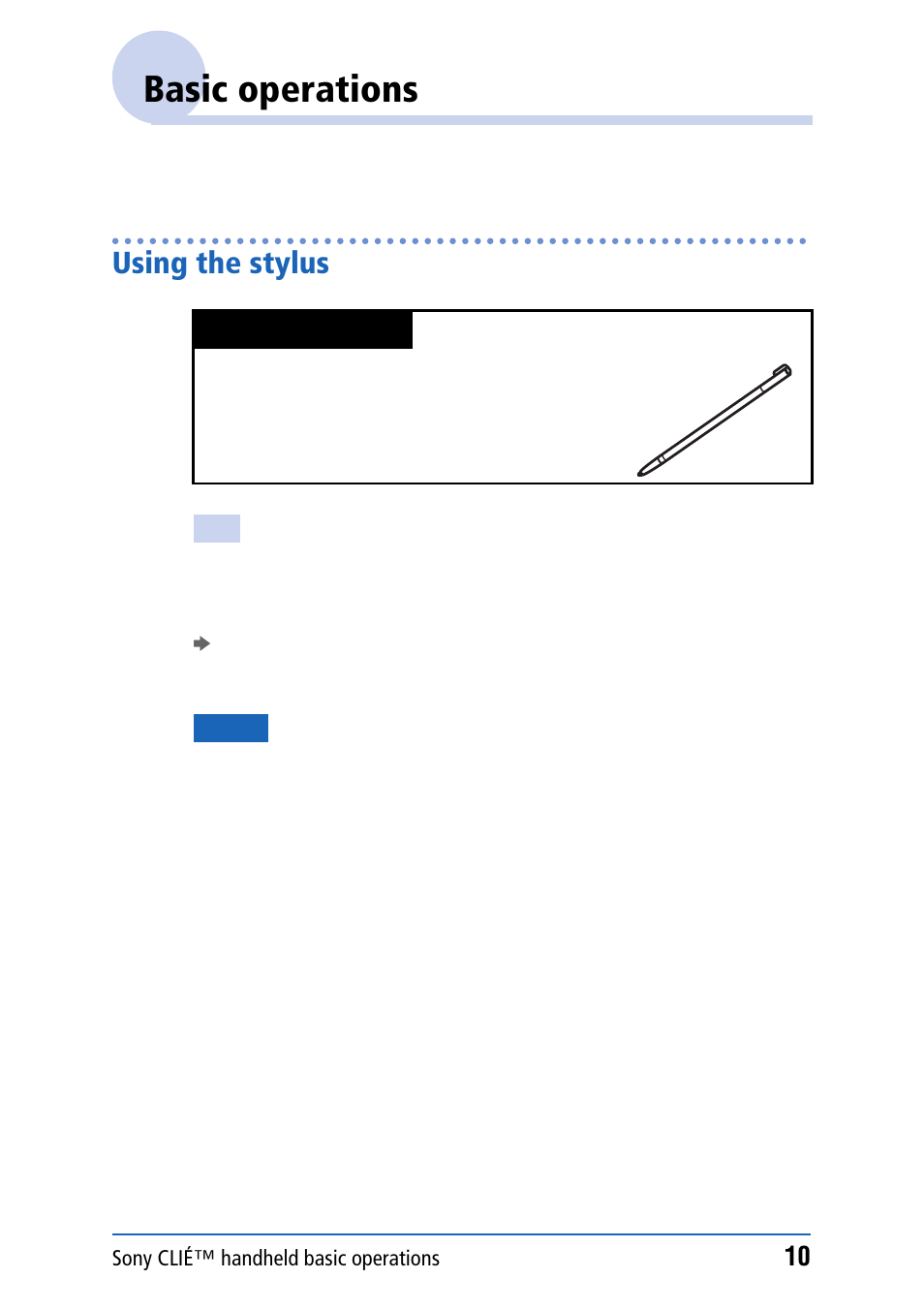 Basic operations, Using the stylus | Sony PEG-NZ90 User Manual | Page 10 / 186