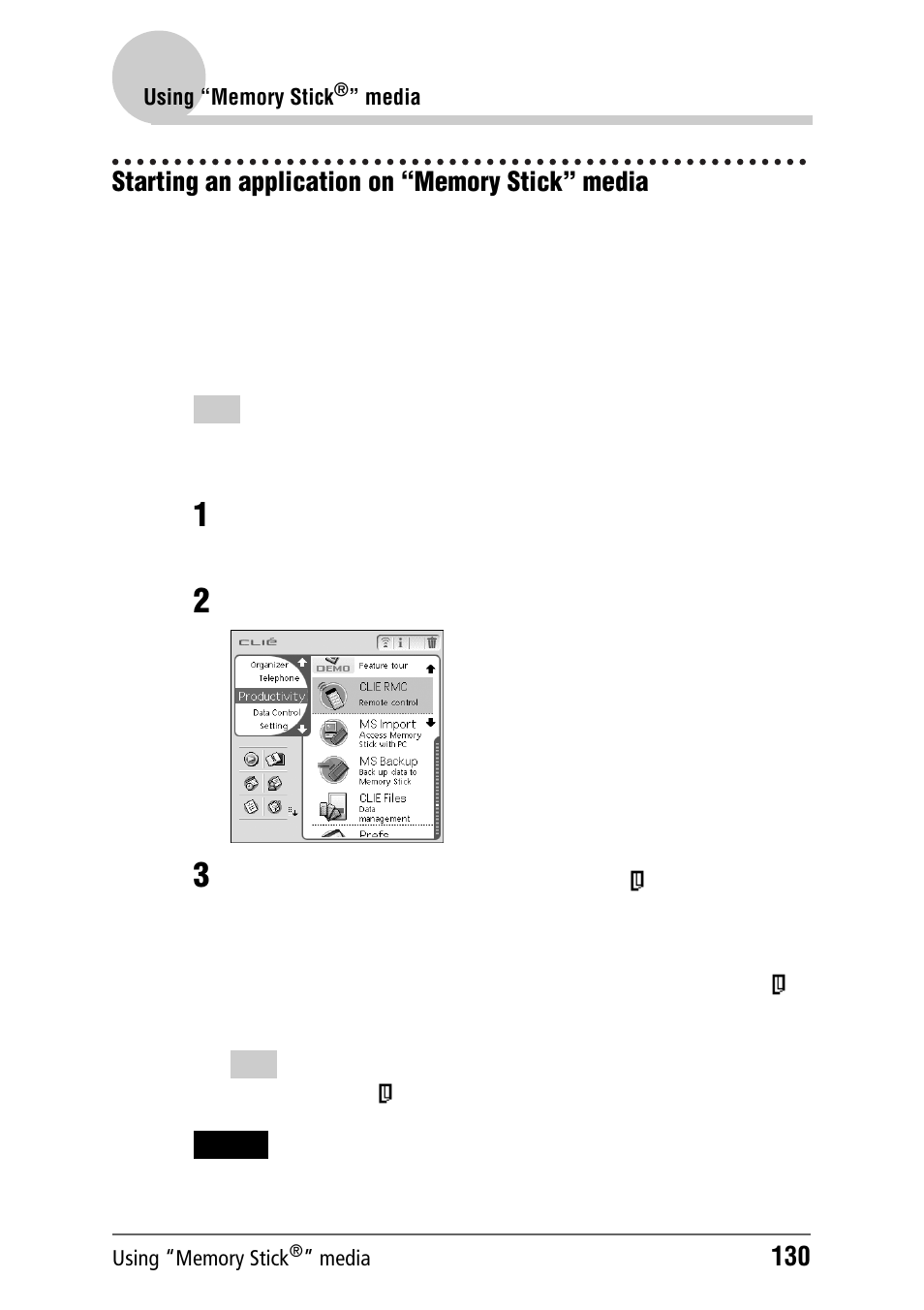 Starting an application on “memory stick” media | Sony PEG-NZ90 User Manual | Page 130 / 186