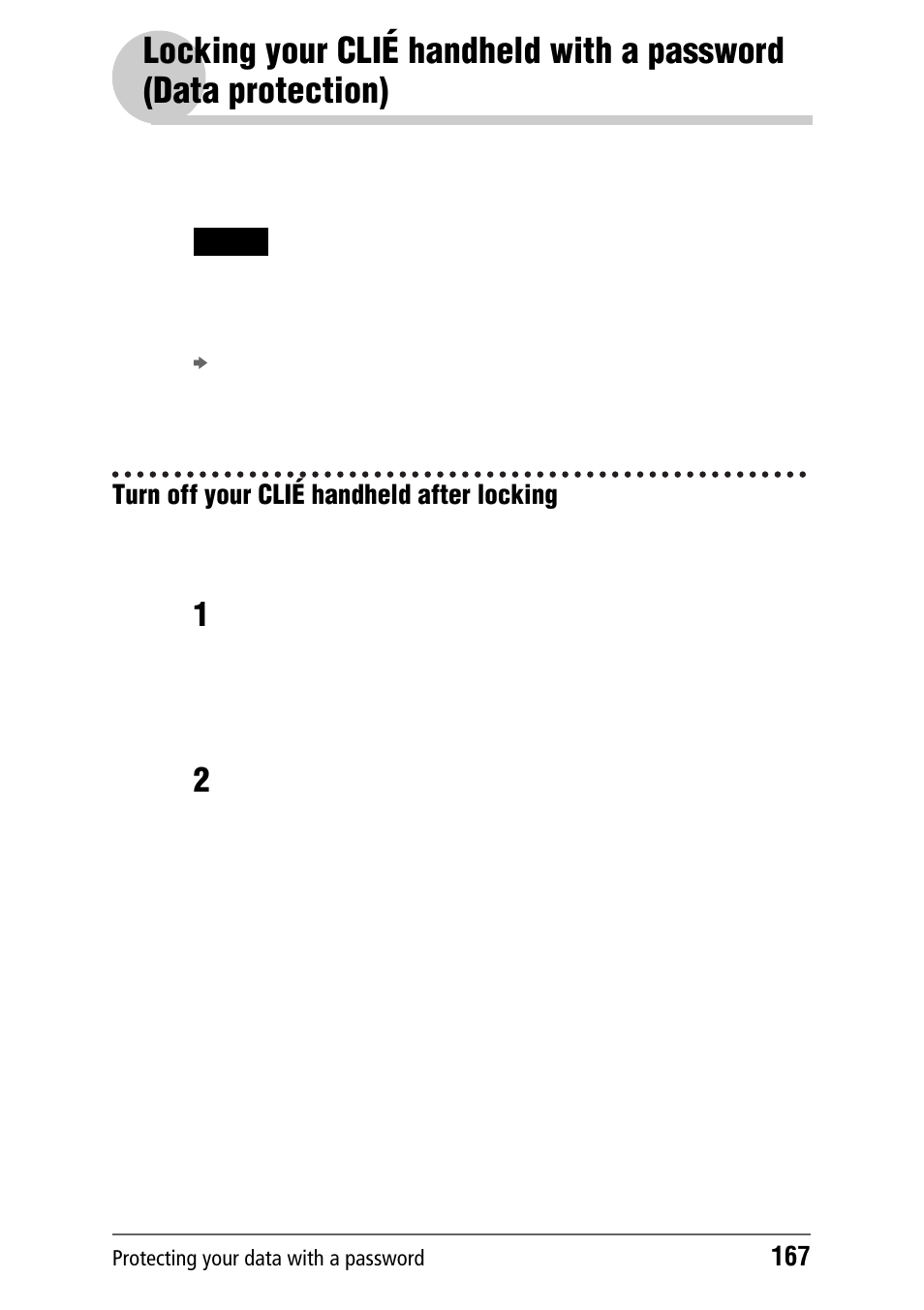 Turn off your clié handheld after locking, Locking your clié handheld with a password | Sony PEG-NZ90 User Manual | Page 167 / 186