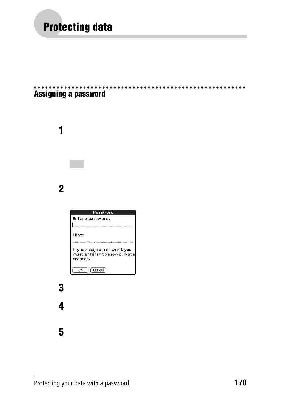 Protecting data, Assigning a password | Sony PEG-NZ90 User Manual | Page 170 / 186