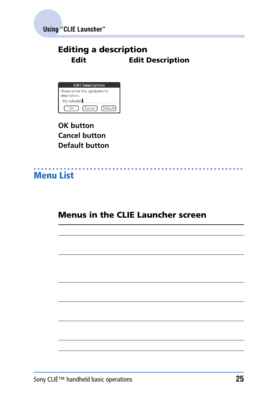 Menu list, Editing a description, Menus in the clie launcher screen | Sony PEG-NZ90 User Manual | Page 25 / 186
