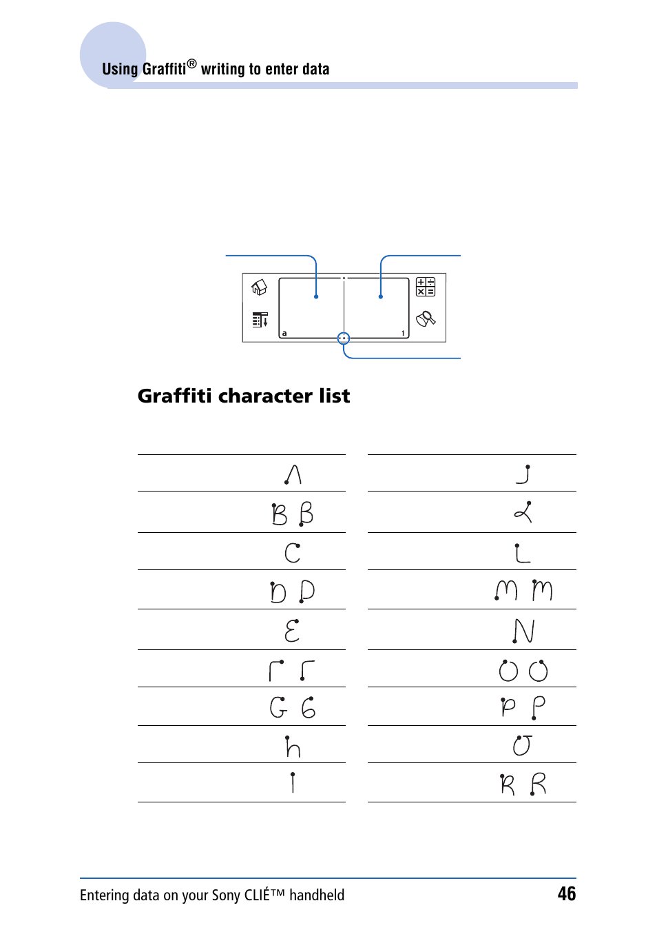 Graffiti character list, Alphabet | Sony PEG-NZ90 User Manual | Page 46 / 186