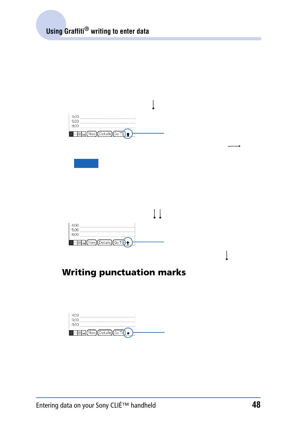 Writing punctuation marks, Writing capital letters | Sony PEG-NZ90 User Manual | Page 48 / 186