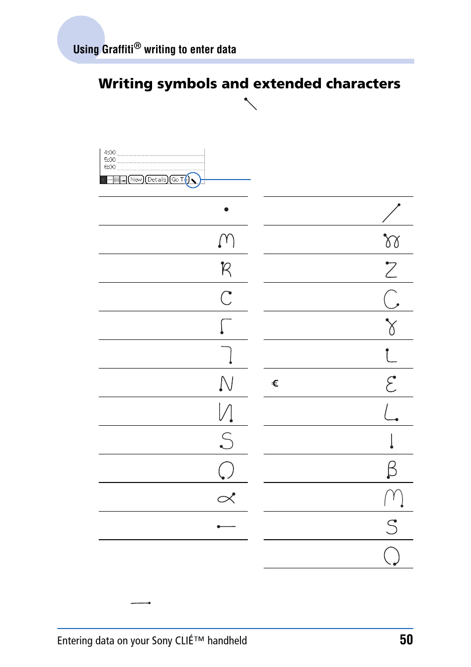 Writing symbols and extended characters | Sony PEG-NZ90 User Manual | Page 50 / 186