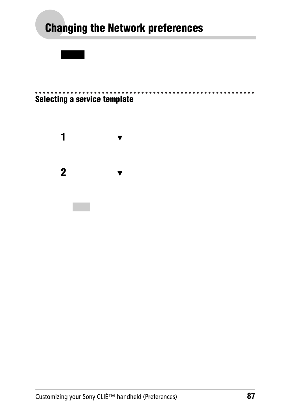 Changing the network preferences, Selecting a service template, Ge 87 | Sony PEG-NZ90 User Manual | Page 87 / 186