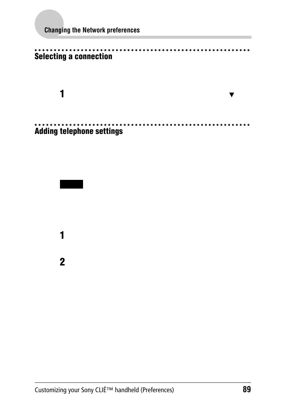 Selecting a connection, Adding telephone settings, Selecting a connection adding telephone settings | Sony PEG-NZ90 User Manual | Page 89 / 186