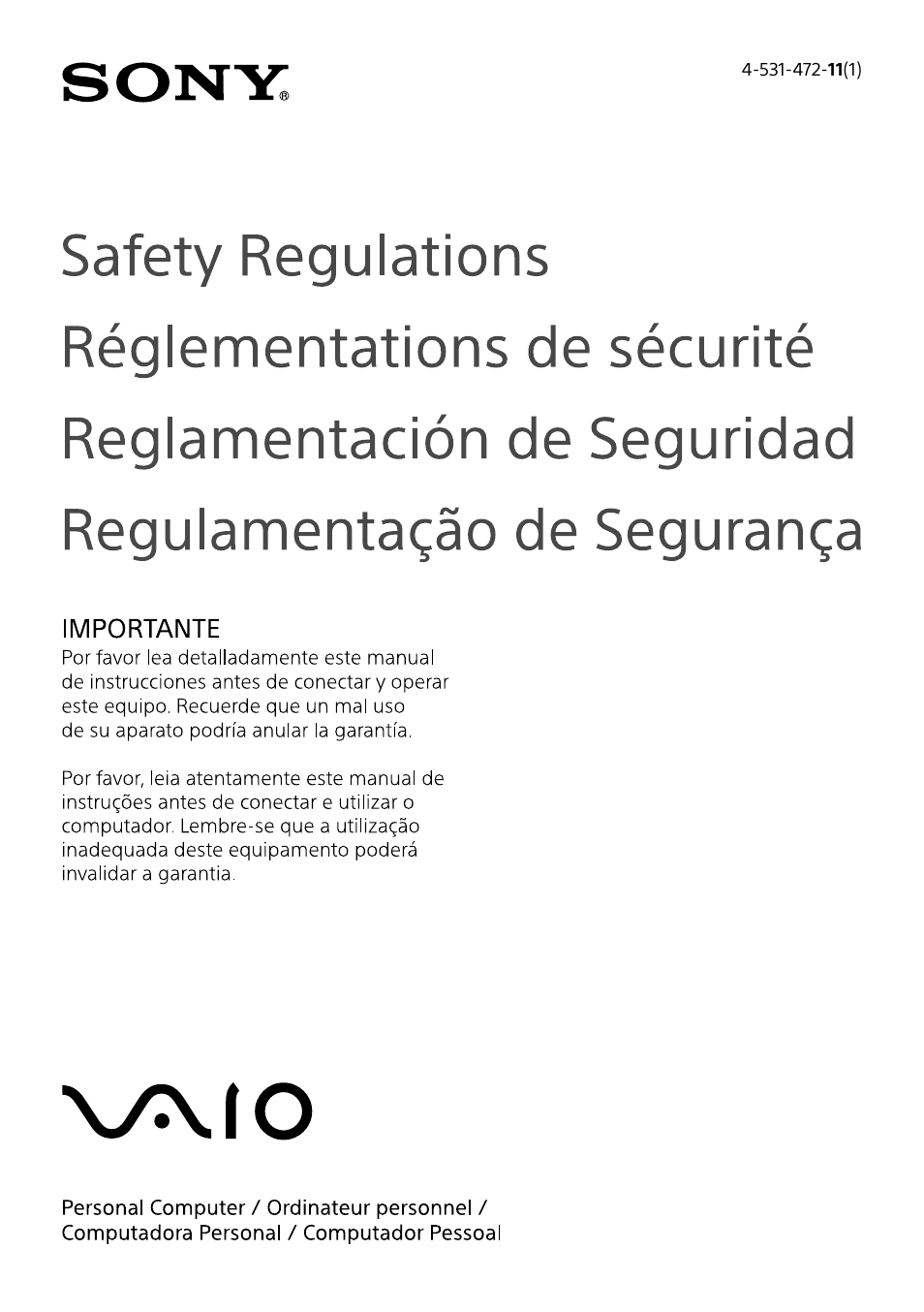 Sony VAIO Safety regulations User Manual | 36 pages