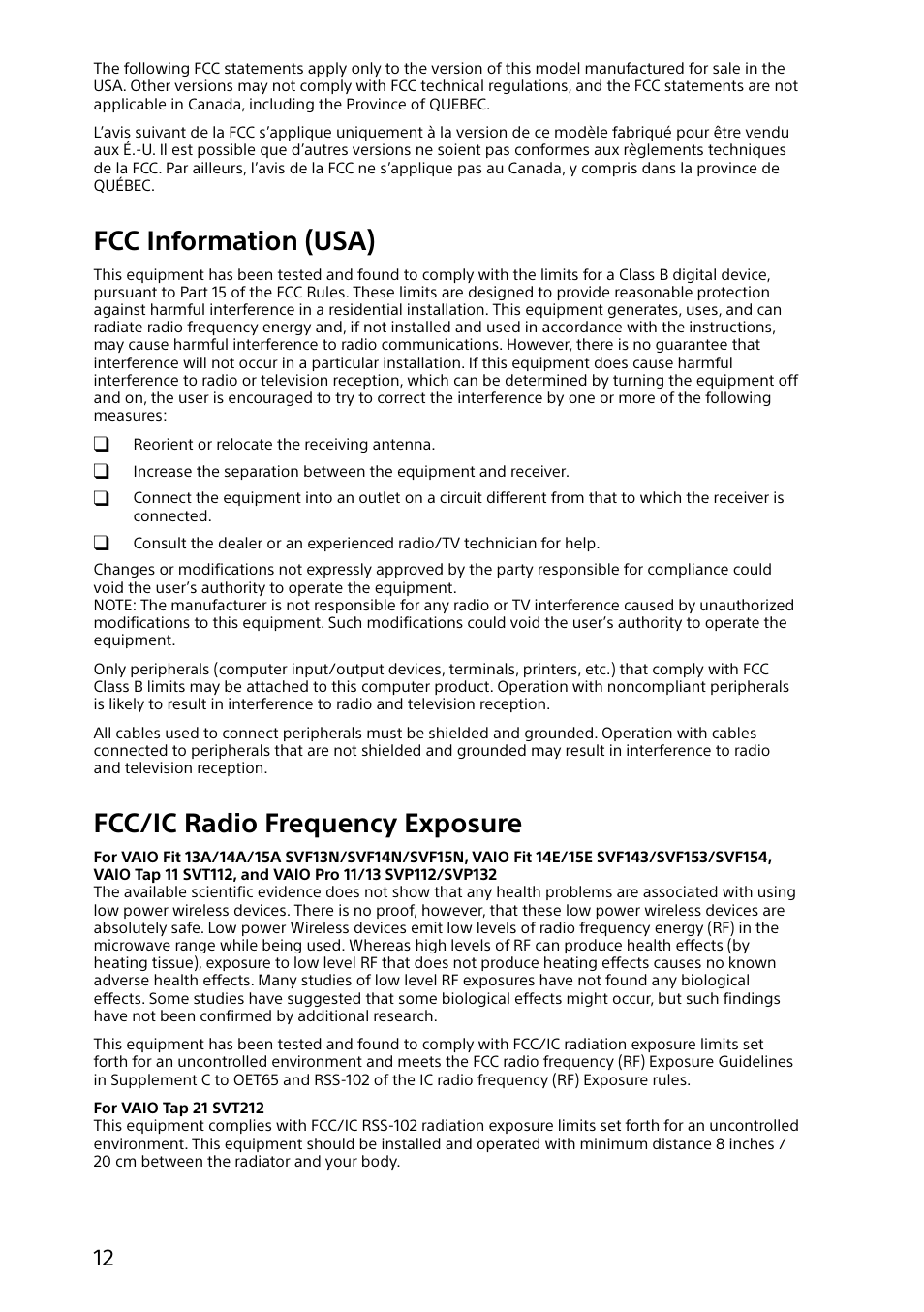 Fcc information (usa), Fcc/ic radio frequency exposure | Sony VAIO Safety regulations User Manual | Page 12 / 36