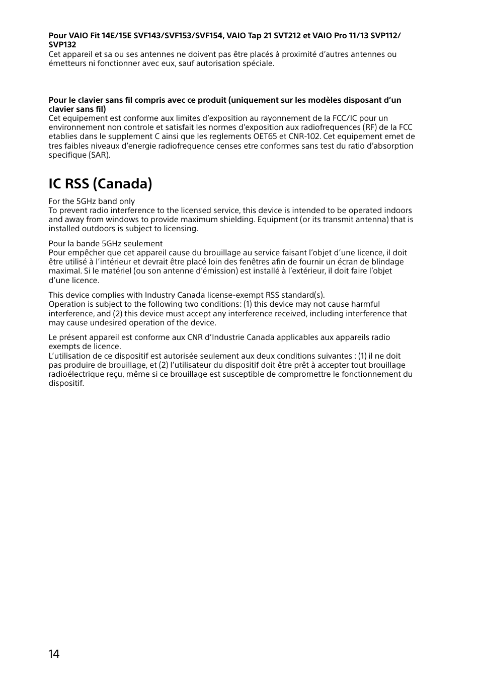 Ic rss (canada) | Sony VAIO Safety regulations User Manual | Page 14 / 36