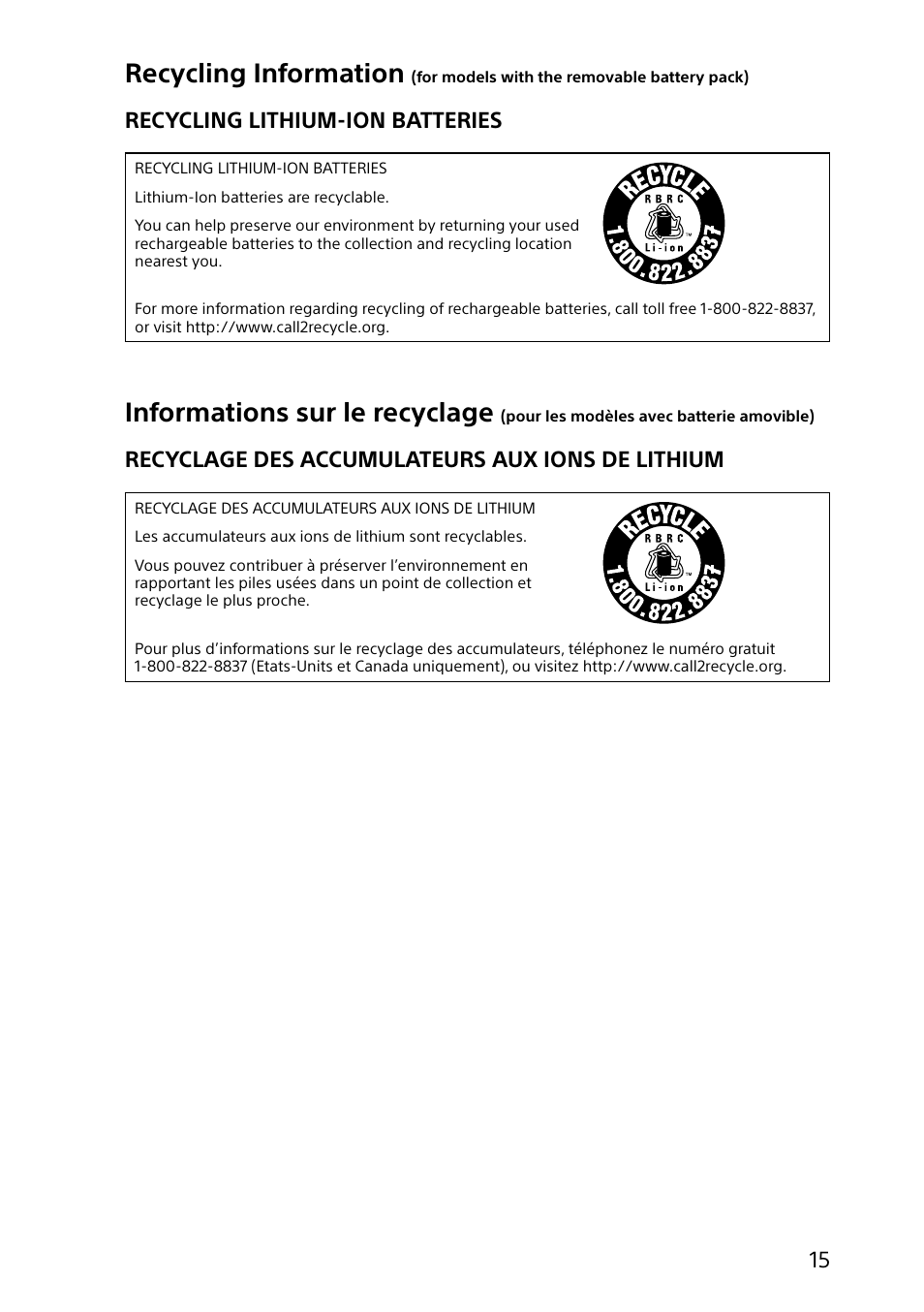 Recycling information, Informations sur le recyclage, Recycling lithium-ion batteries | Recyclage des accumulateurs aux ions de lithium | Sony VAIO Safety regulations User Manual | Page 15 / 36