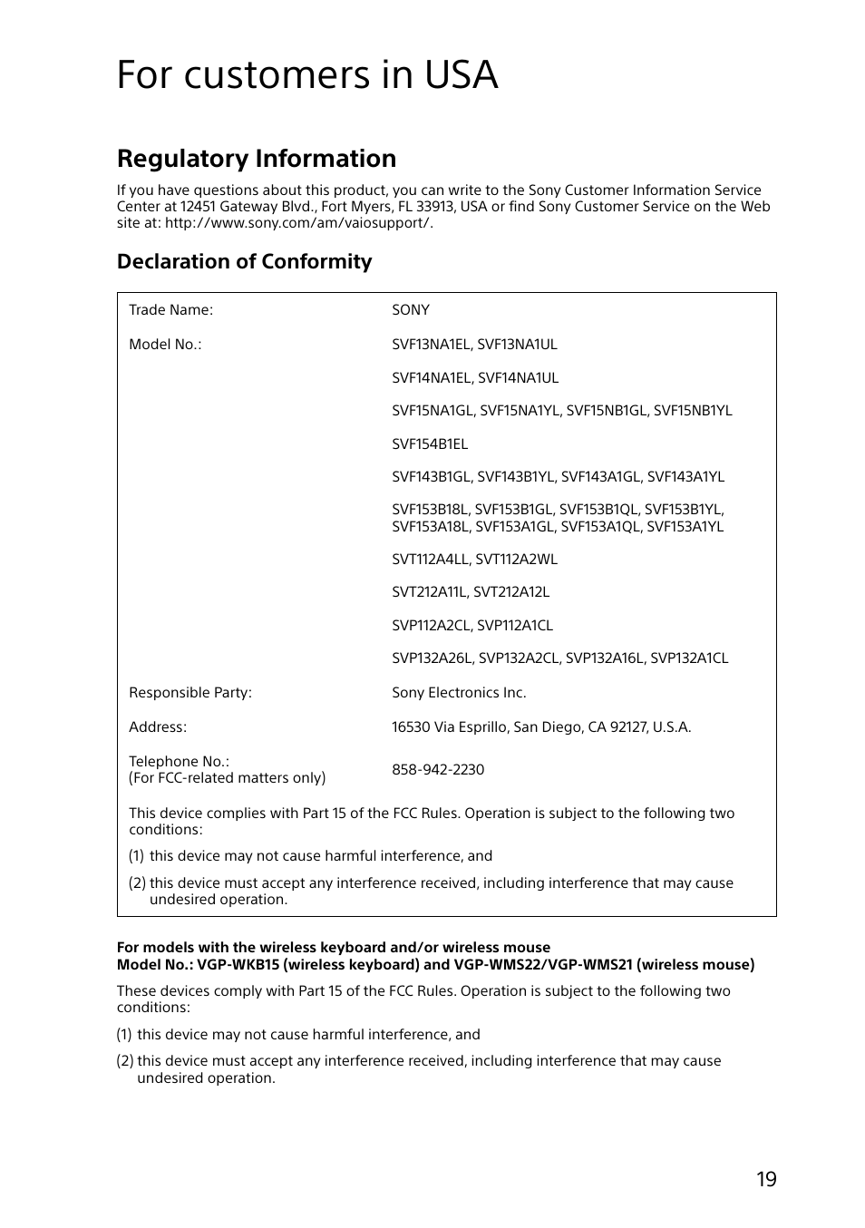 For customers in usa, Regulatory information, Declaration of conformity | Sony VAIO Safety regulations User Manual | Page 19 / 36