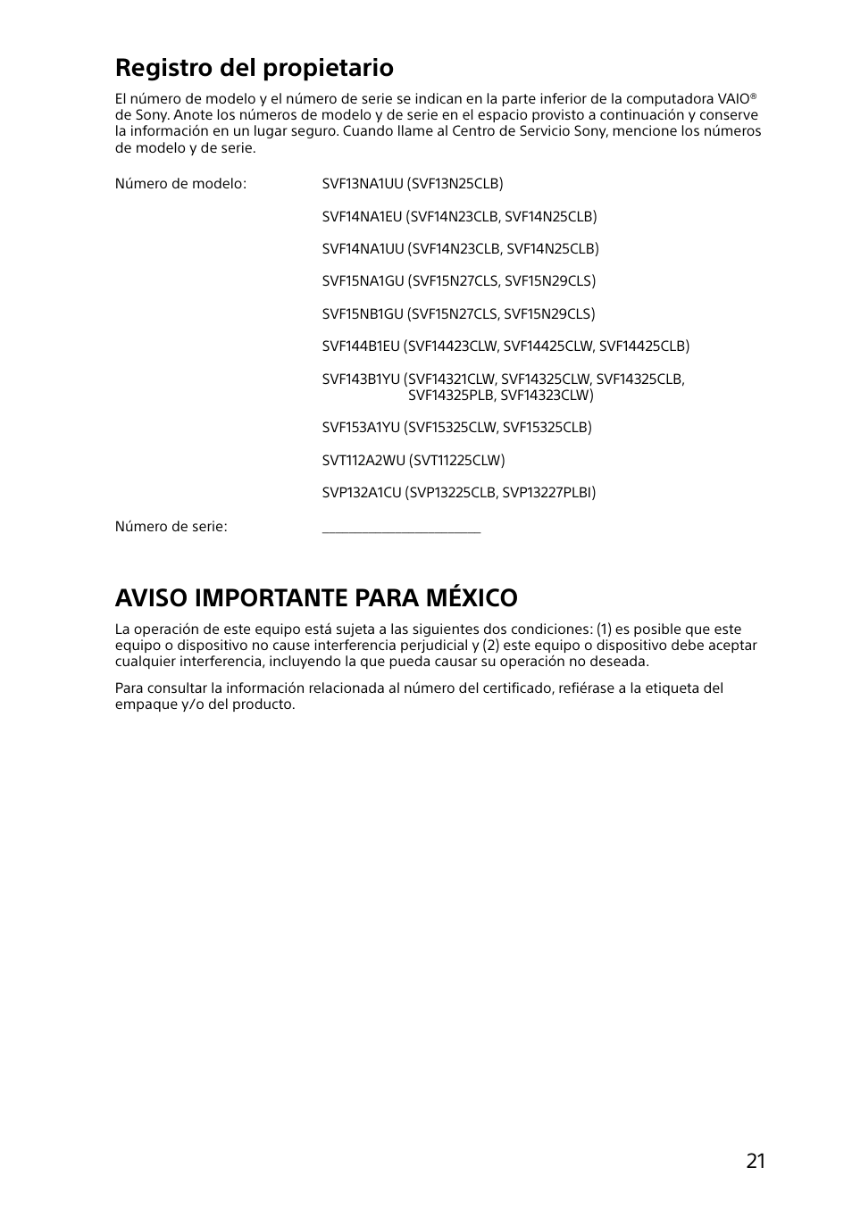 Registro del propietario, Aviso importante para méxico | Sony VAIO Safety regulations User Manual | Page 21 / 36