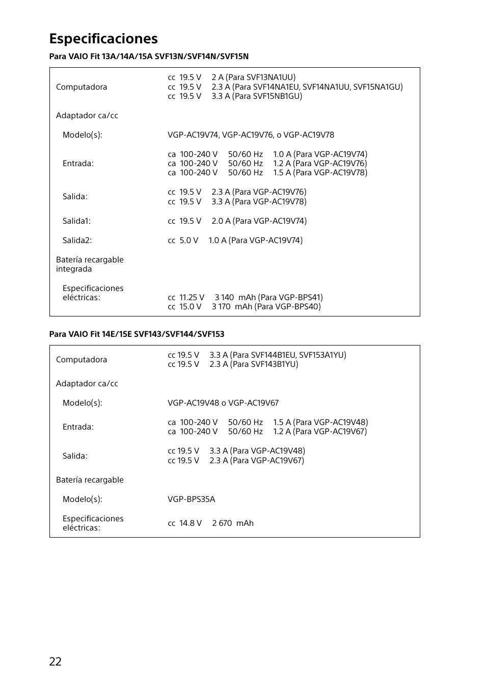 Especificaciones | Sony VAIO Safety regulations User Manual | Page 22 / 36