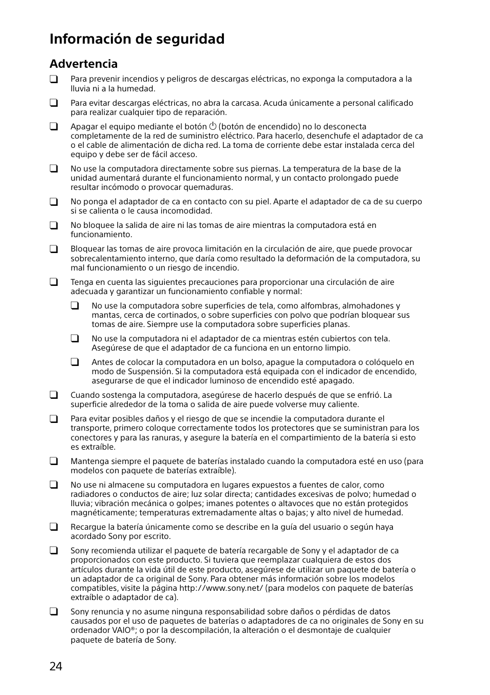 Información de seguridad, Advertencia | Sony VAIO Safety regulations User Manual | Page 24 / 36