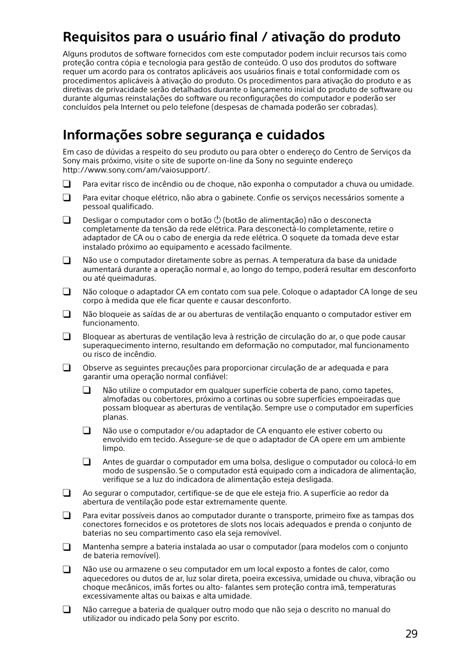 Informações sobre segurança e cuidados | Sony VAIO Safety regulations User Manual | Page 29 / 36