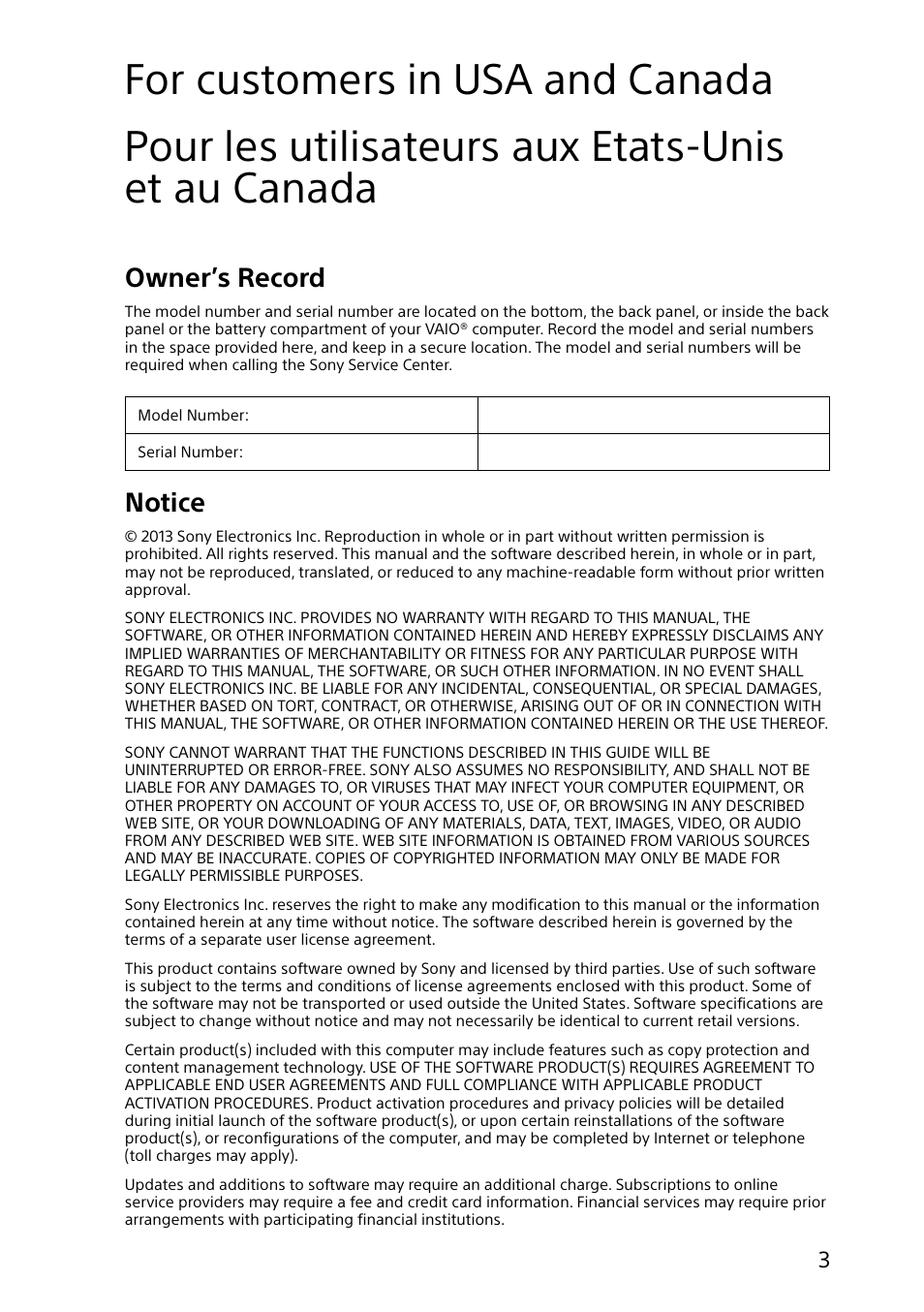 Owner’s record, Notice | Sony VAIO Safety regulations User Manual | Page 3 / 36