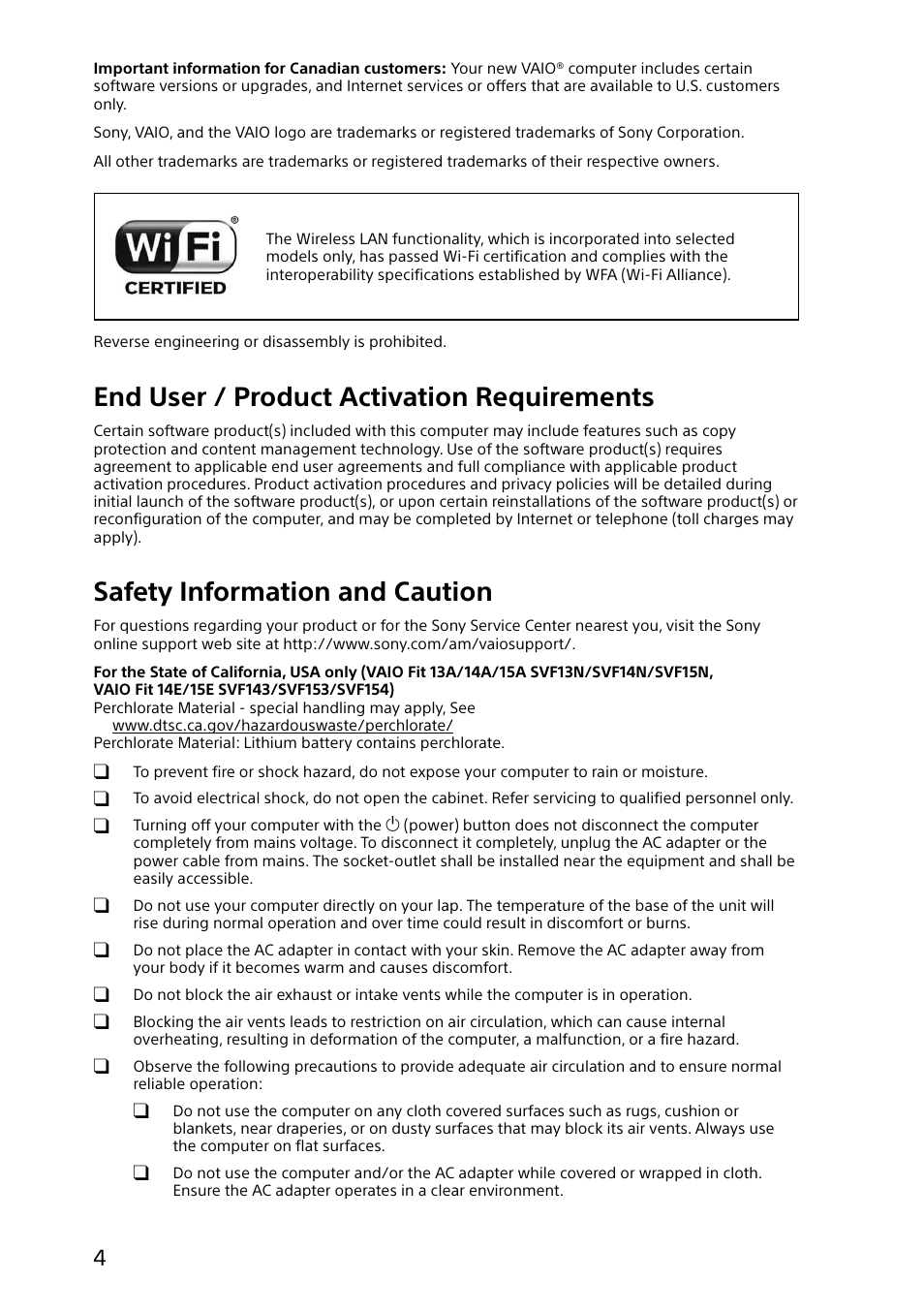 End user / product activation requirements, Safety information and caution | Sony VAIO Safety regulations User Manual | Page 4 / 36