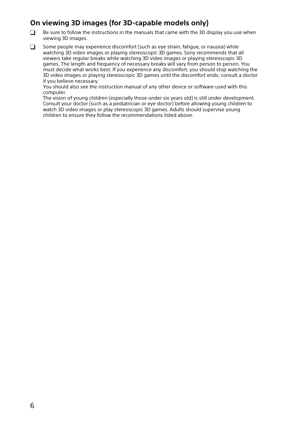 On viewing 3d images (for 3d-capable models only) | Sony VAIO Safety regulations User Manual | Page 6 / 36