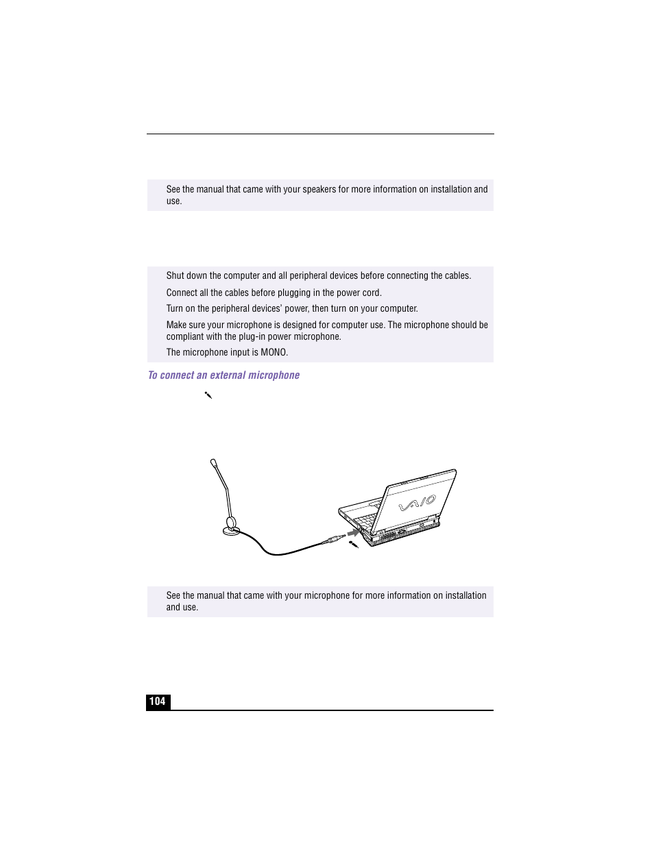 Connecting an external microphone, To connect an external microphone, Connecting microphone | Sony PCG-XG700 User Manual | Page 104 / 154