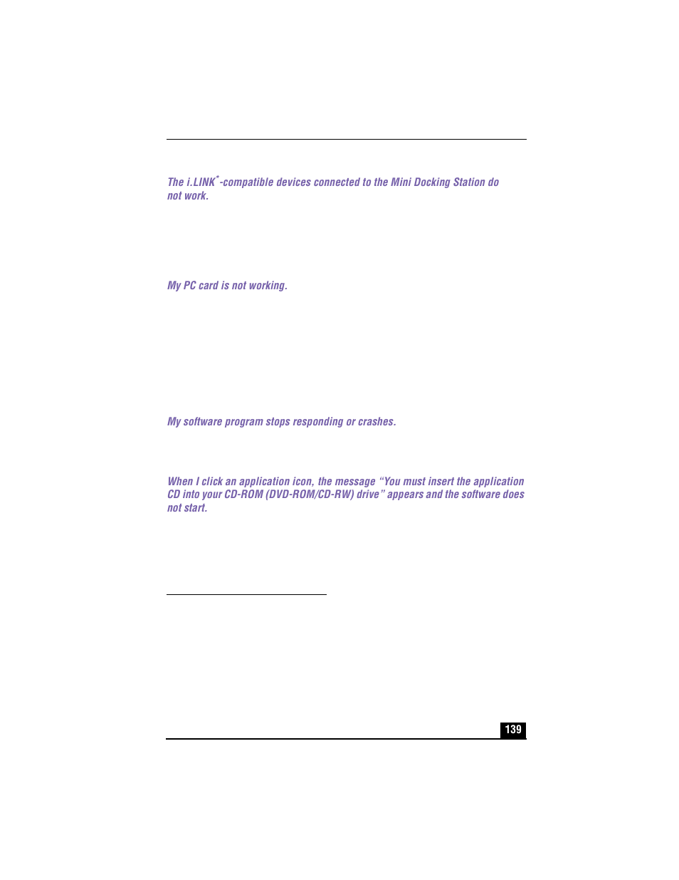 My pc card is not working, Troubleshooting software, My software program stops responding or crashes | Sony PCG-XG700 User Manual | Page 139 / 154