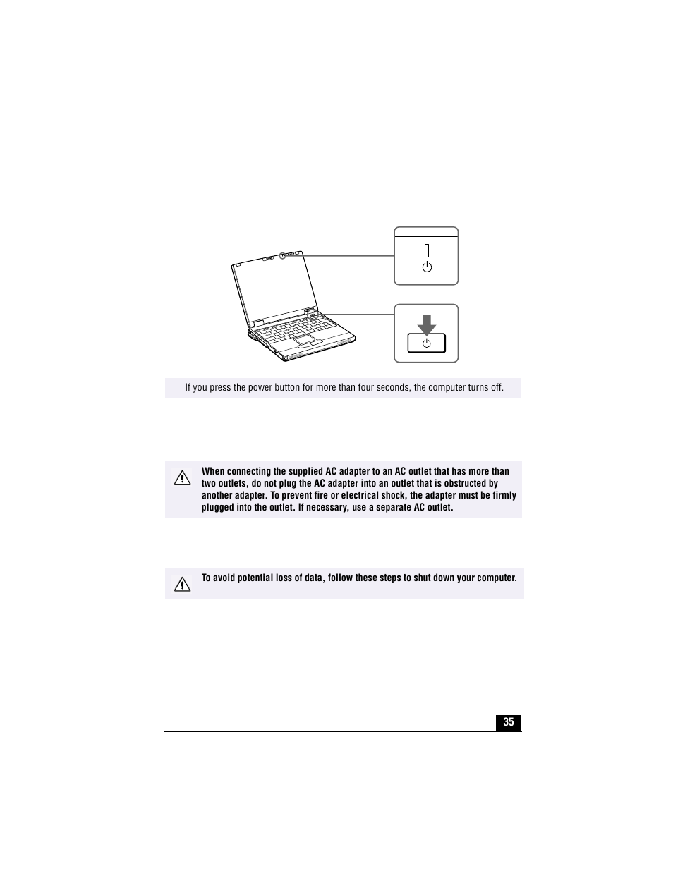 Power button, Shutting down your notebook, 1 click the start button on the windows taskbar | 3 select shut down | Sony PCG-XG700 User Manual | Page 35 / 154