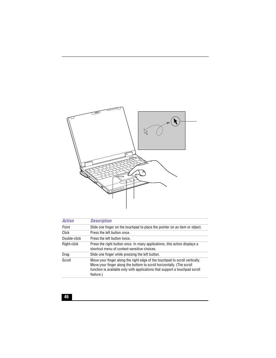 Using the touchpad | Sony PCG-XG700 User Manual | Page 46 / 154