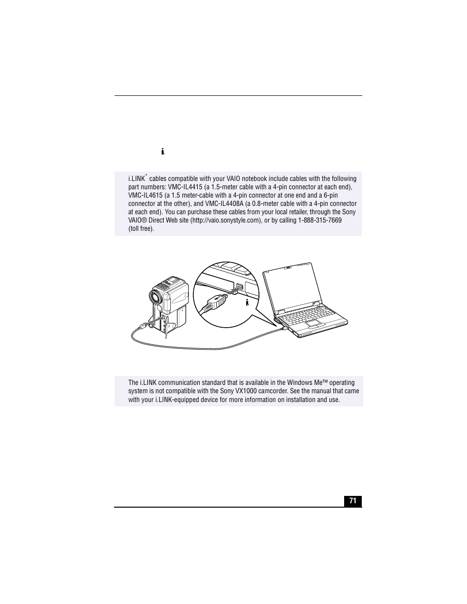 Connecting an i.link®*-compatible device, I.link* port, Connecting an i.link | Compatible device | Sony PCG-XG700 User Manual | Page 71 / 154