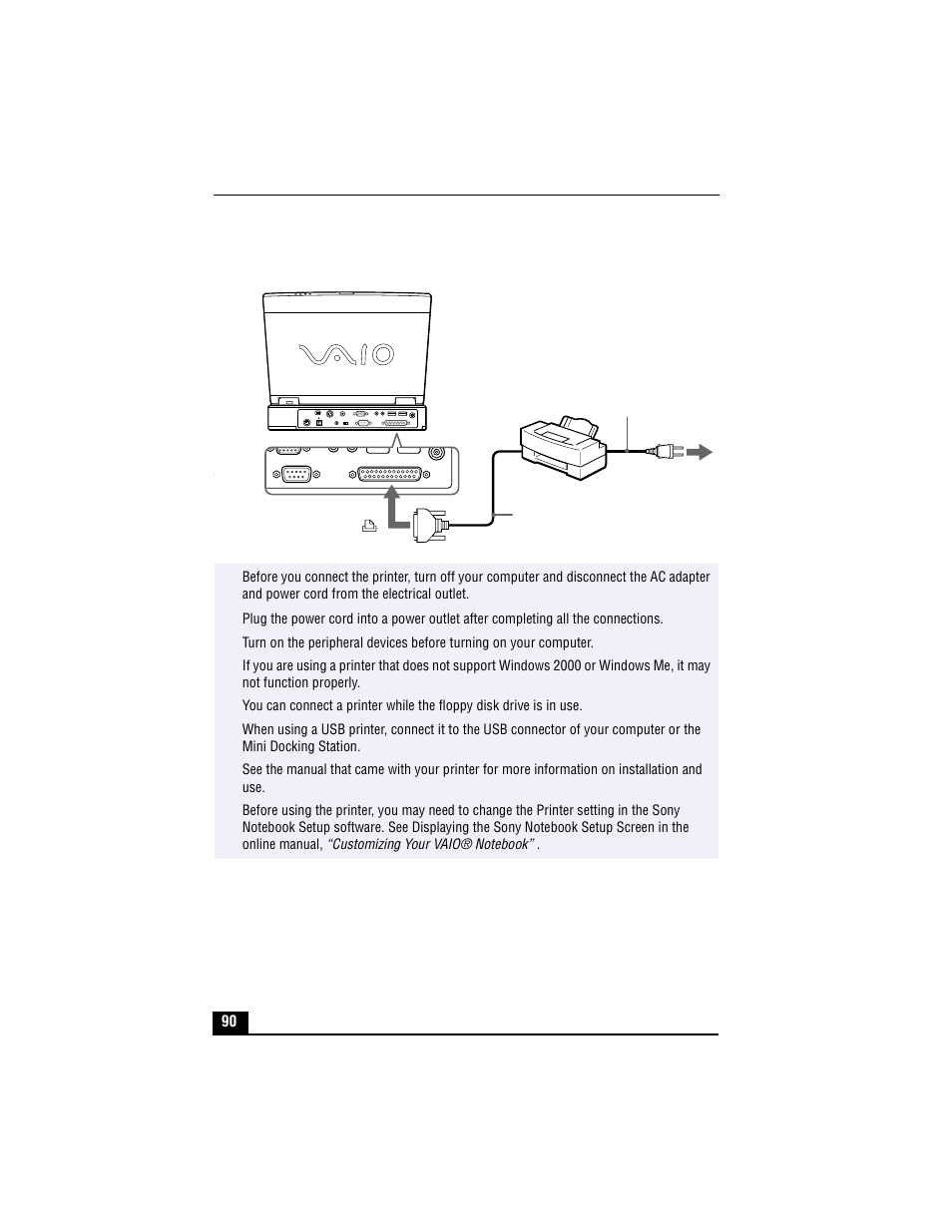 Connecting a printer | Sony PCG-XG700 User Manual | Page 90 / 154