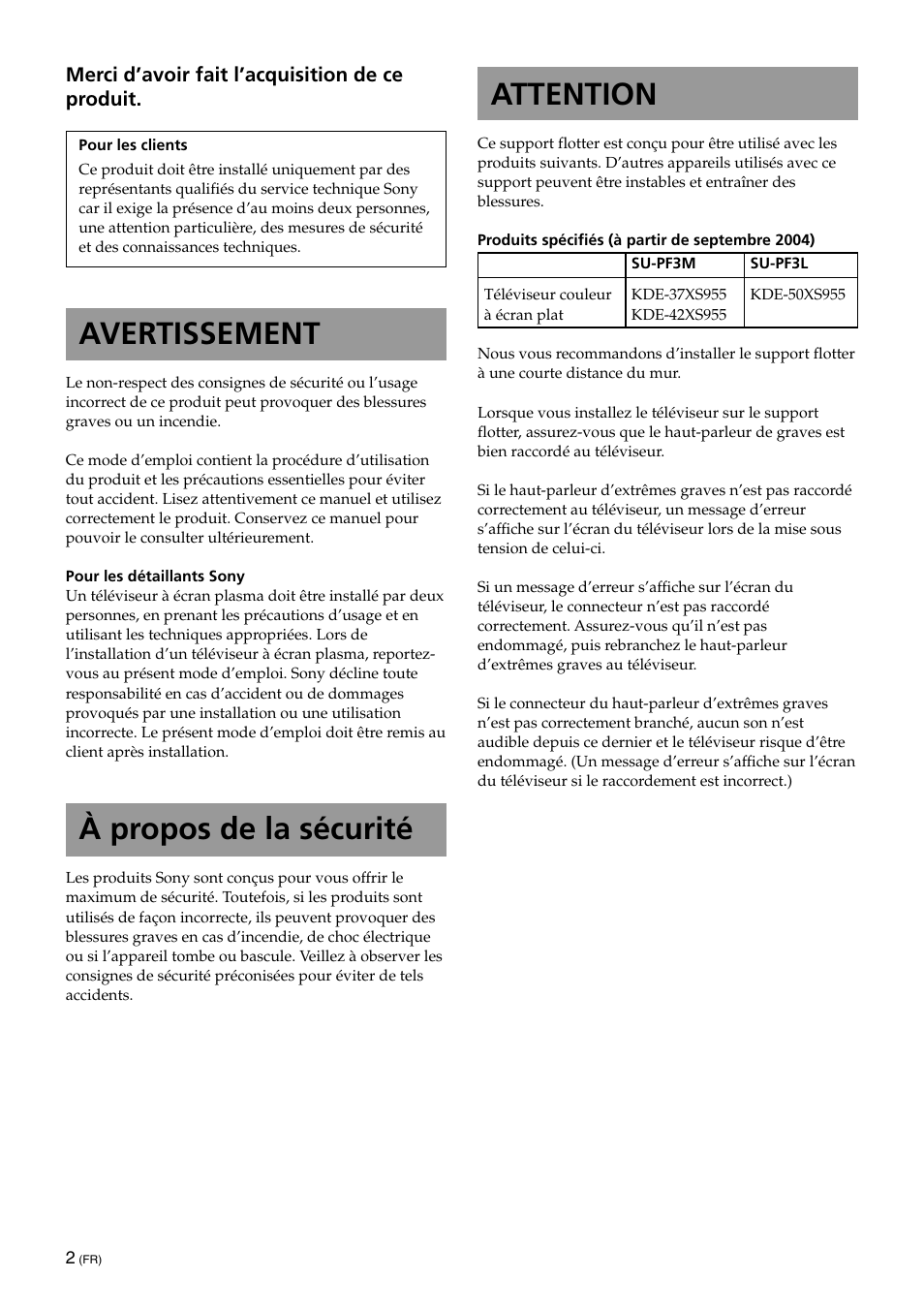 Avertissement, Attention, À propos de la sécurité | Sony KDE-42XS955 User Manual | Page 12 / 36