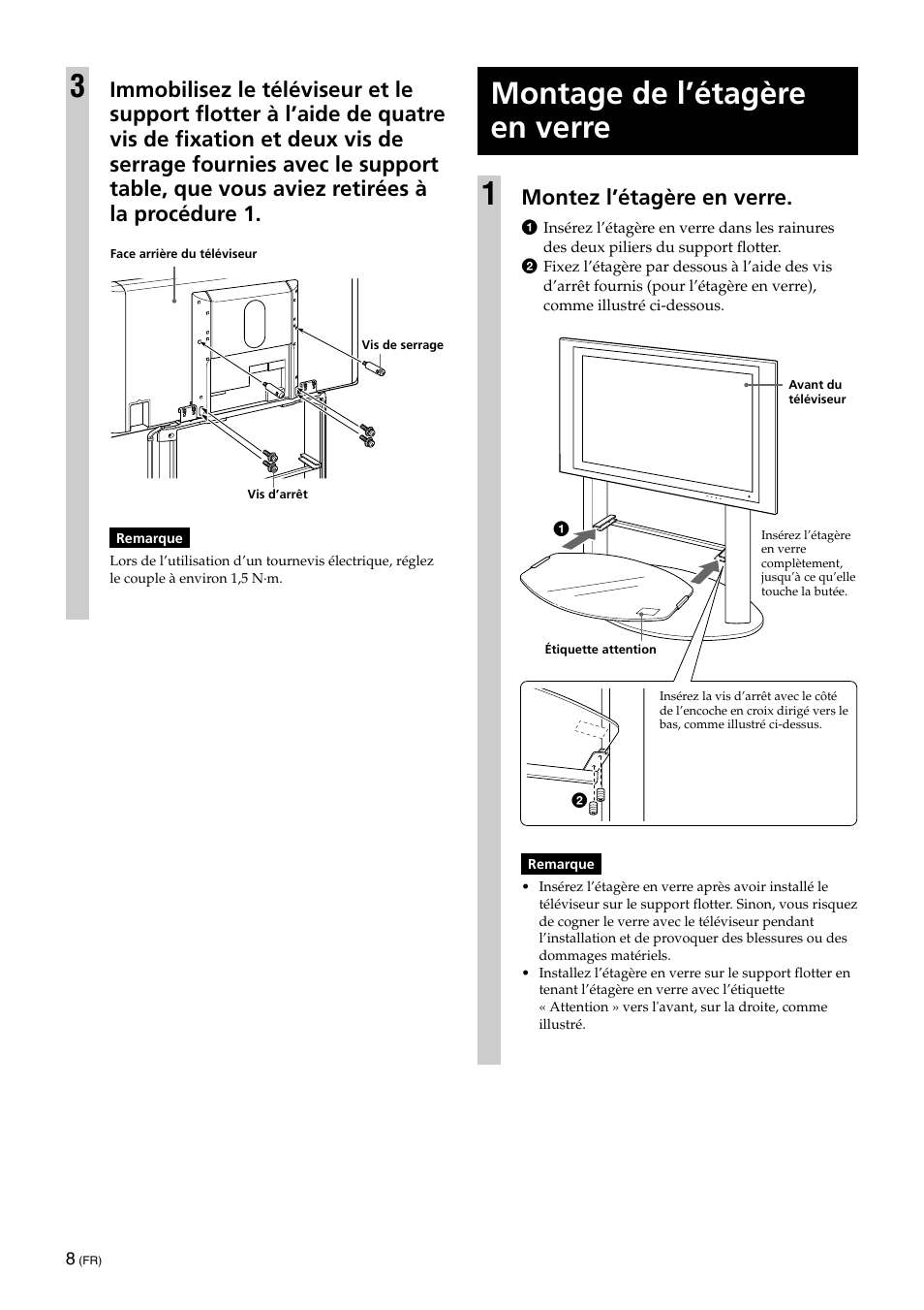 Montage de l’etagere en verre, Montage de l’étagère en verre 1, Montez l’étagère en verre | Sony KDE-42XS955 User Manual | Page 18 / 36