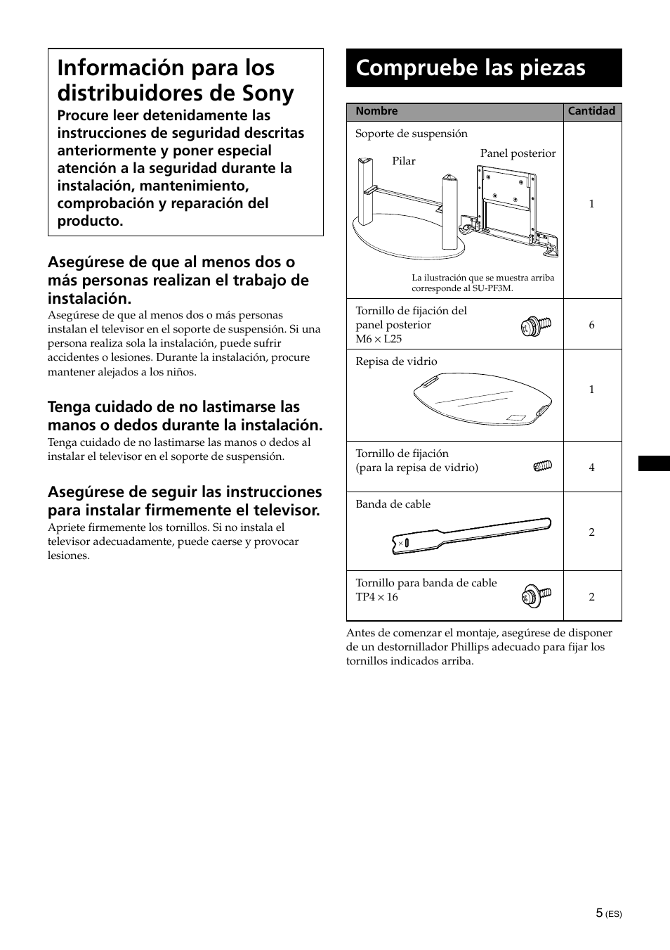 Instrucciones, Compruebe las piezas, Información para los distribuidores de sony | Sony KDE-42XS955 User Manual | Page 25 / 36