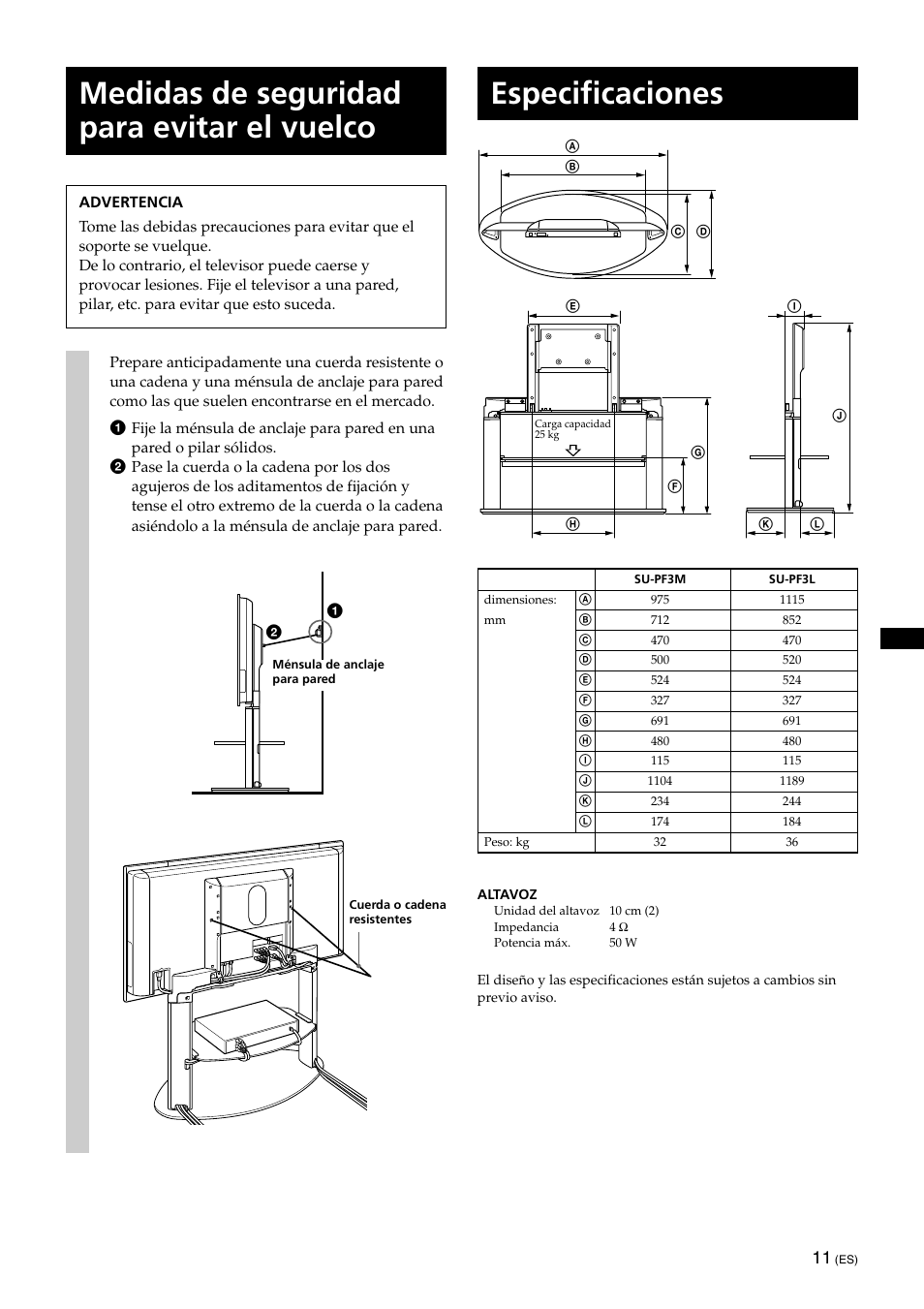 Medidas de seguridad para evitar el vuelco, Especificaciones | Sony KDE-42XS955 User Manual | Page 31 / 36