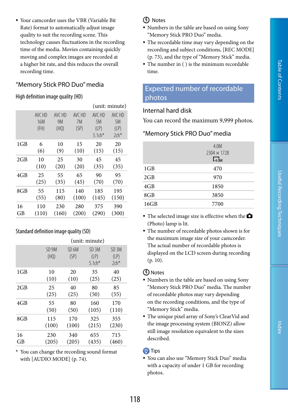 Expected number of recordable photos, E 118 o | Sony HDR-XR200V User Manual | Page 118 / 133