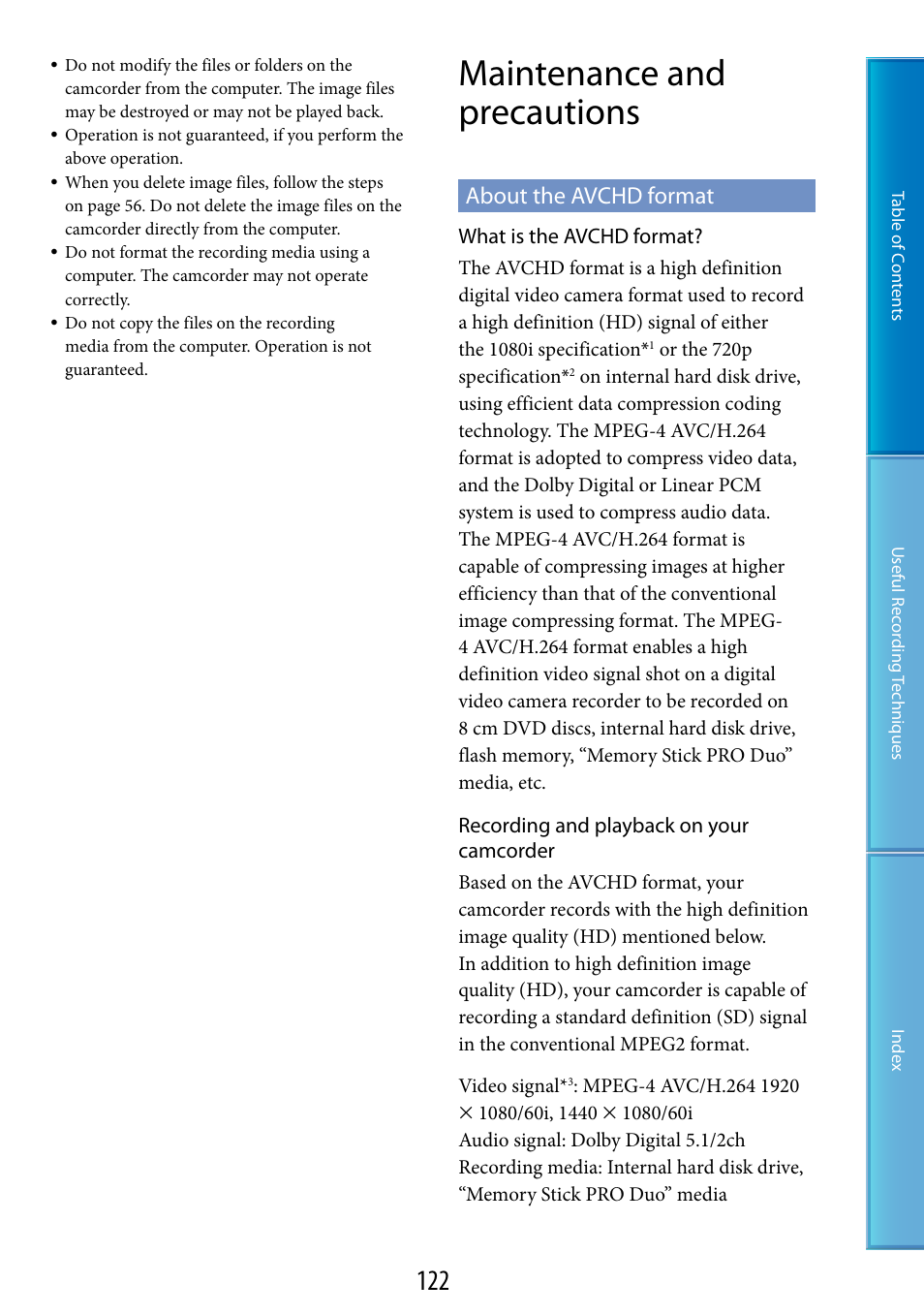Maintenance and precautions, About the avchd format | Sony HDR-XR200V User Manual | Page 122 / 133