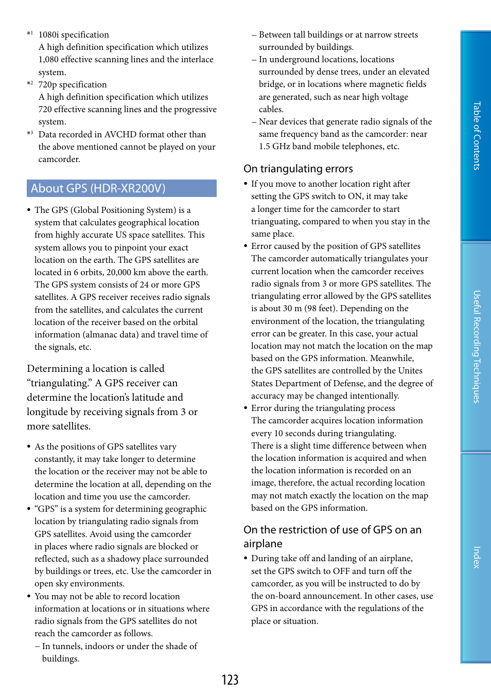About gps (hdr-xr200v), On triangulating errors, On the restriction of use of gps on an airplane | Sony HDR-XR200V User Manual | Page 123 / 133