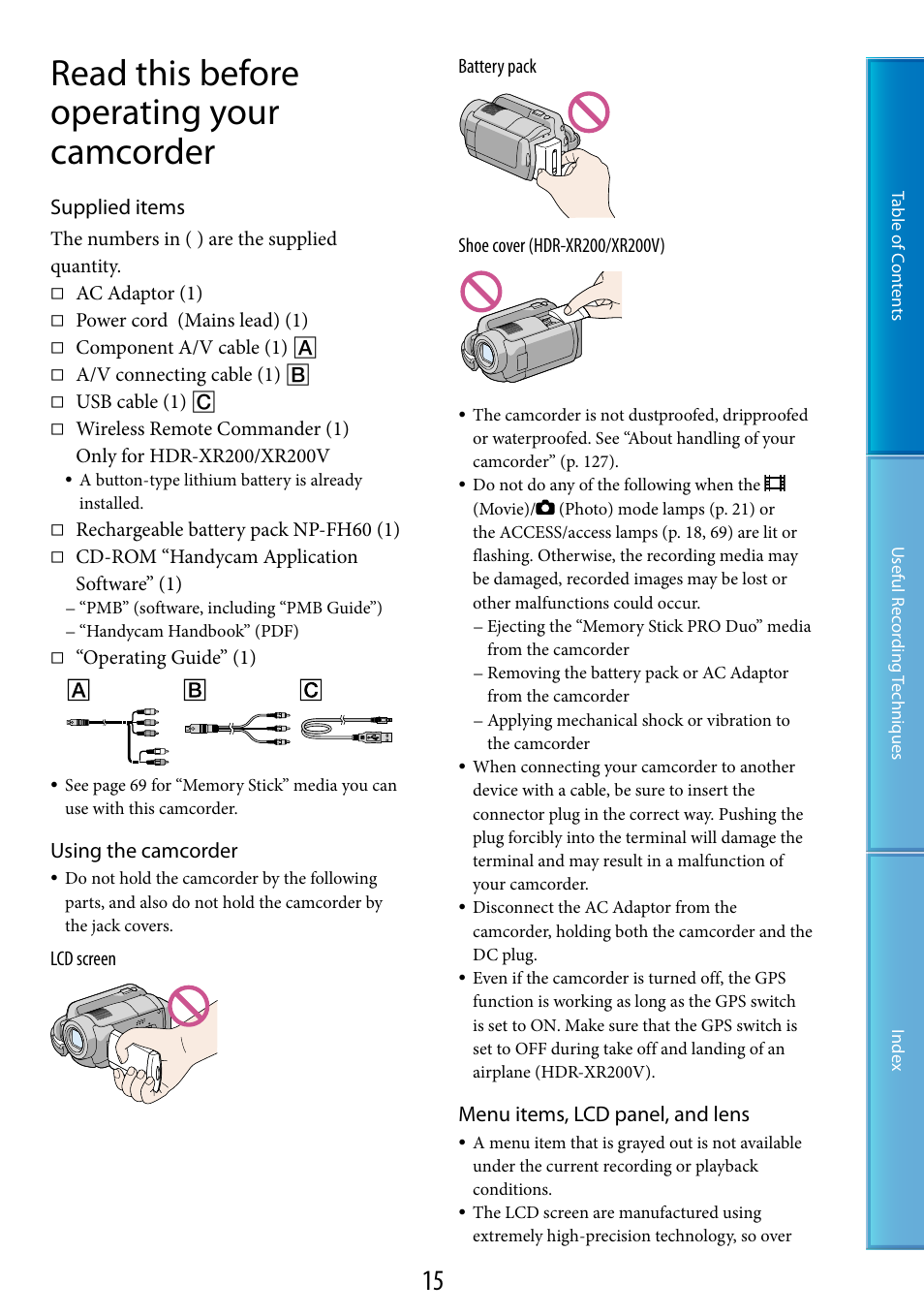 Read this before operating your camcorder, Supplied items, Using the camcorder | Menu items, lcd panel, and lens | Sony HDR-XR200V User Manual | Page 15 / 133