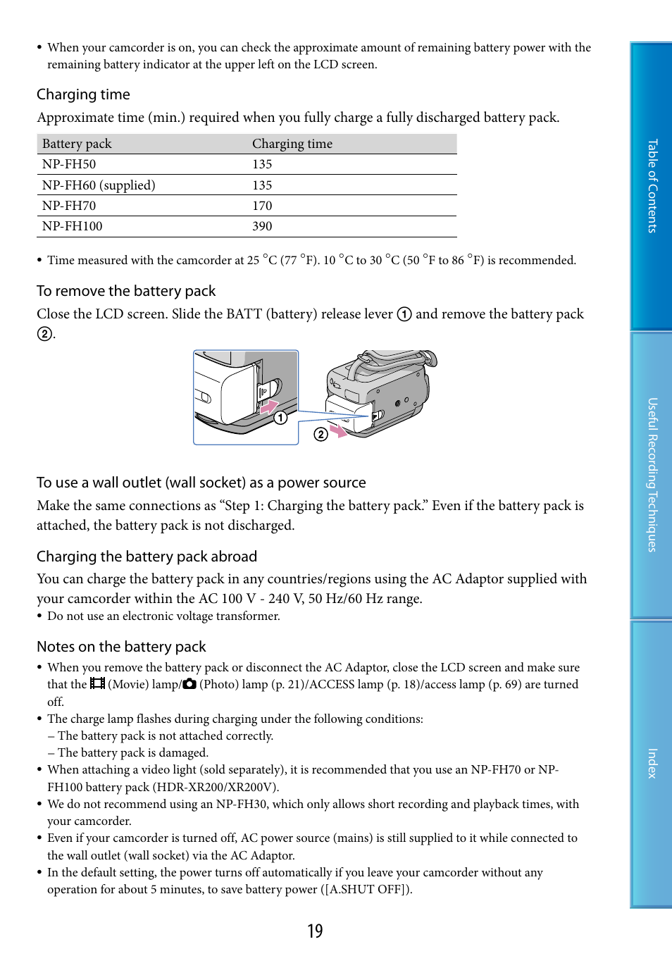 Er (19), Charging time, Charging the battery pack abroad | Sony HDR-XR200V User Manual | Page 19 / 133
