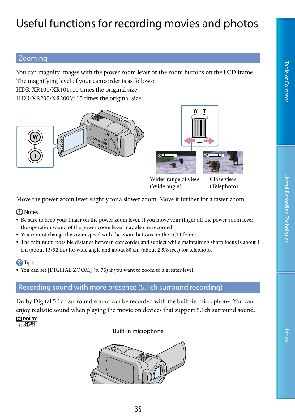 Useful functions for recording movies and photos, Zooming, Ophone (35) | Ons (35, 48), Er (35, 48) | Sony HDR-XR200V User Manual | Page 35 / 133