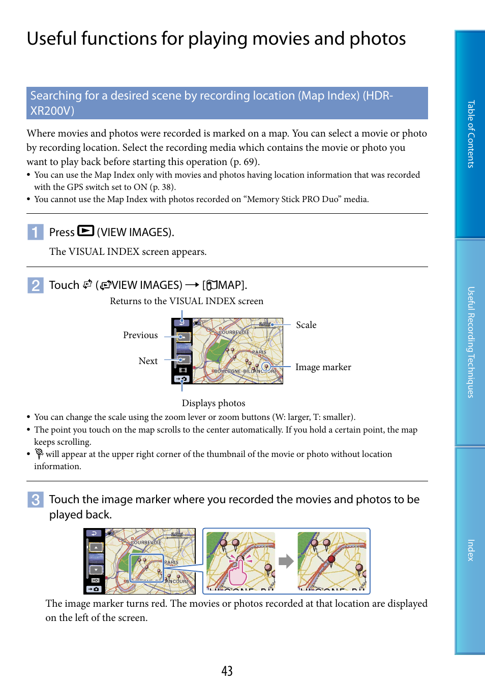 Useful functions for playing movies and photos, Xr200v), E 43 | Sony HDR-XR200V User Manual | Page 43 / 133