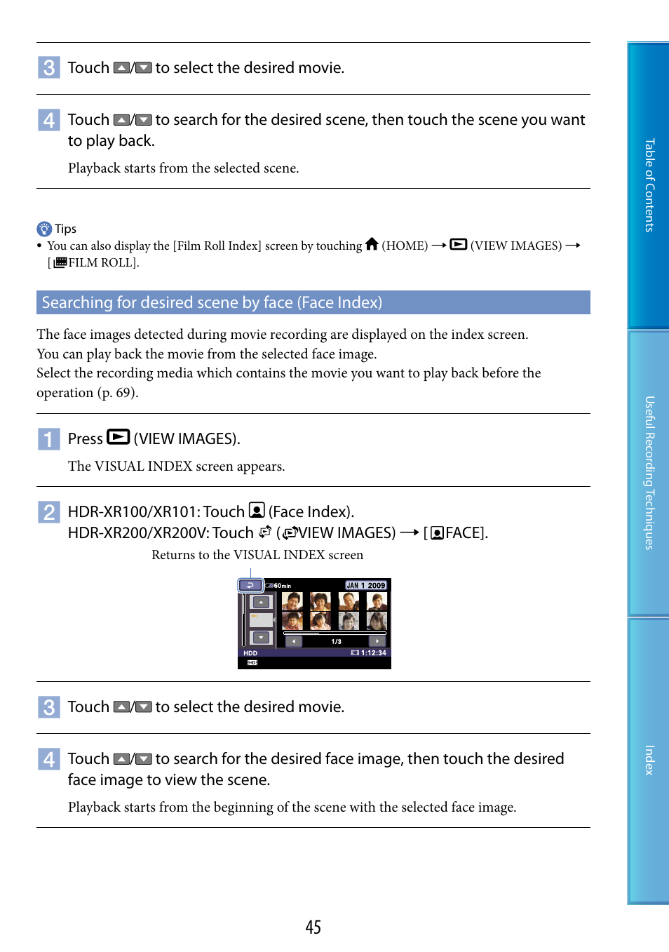 Searching for desired scene by face (face index) | Sony HDR-XR200V User Manual | Page 45 / 133