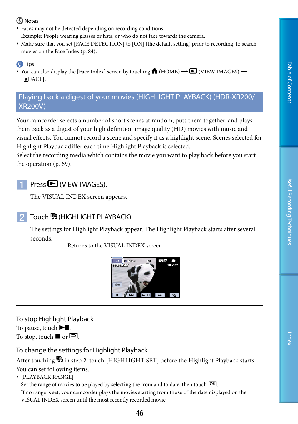 Xr200v), Press (view images), Touch (highlight playback) | Sony HDR-XR200V User Manual | Page 46 / 133
