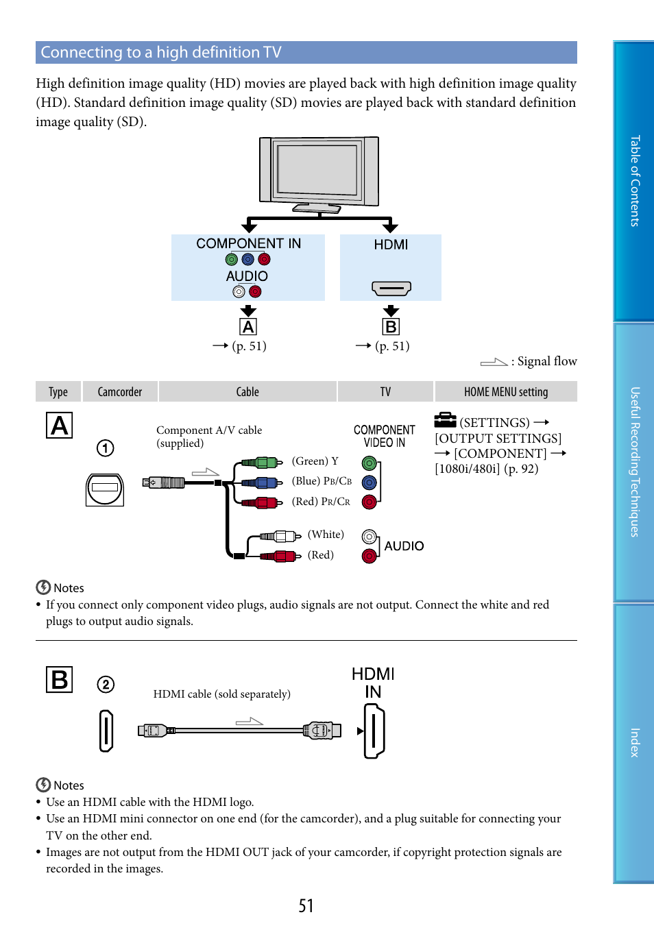 Connecting to a high definition tv | Sony HDR-XR200V User Manual | Page 51 / 133